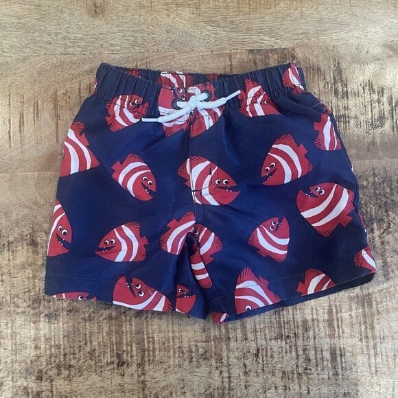 Gymboree Boys Size 6-12 months swim trunks Fish Swimsuit blue red bathing suit - Picture 2 of 5